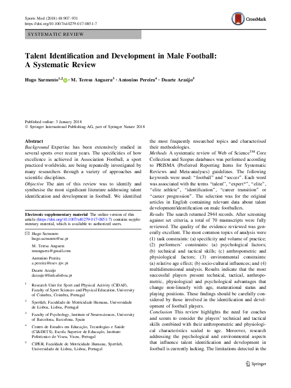 (PDF) Talent Identification and Development in Male Football: A ...