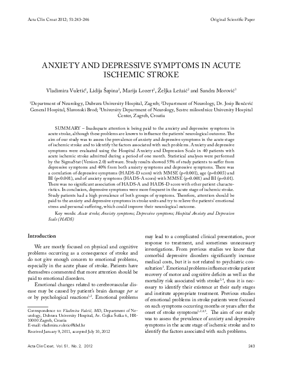 (PDF) Anxiety and depressive symptoms in acute ischemic stroke