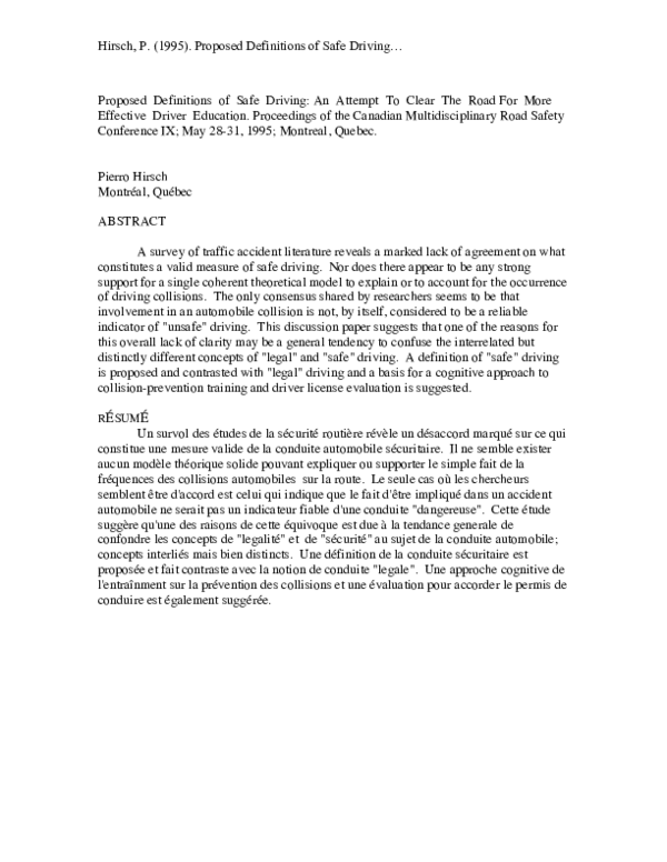 (PDF) Proposed Definitions of Safe Driving: An Attempt to Clear the ...