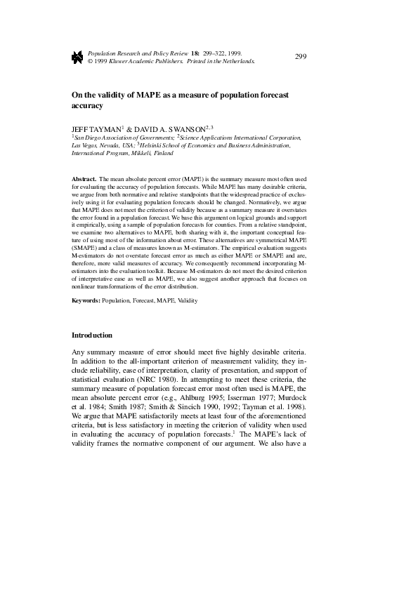 (PDF) On the validity of MAPE as a measure of population forecast accuracy