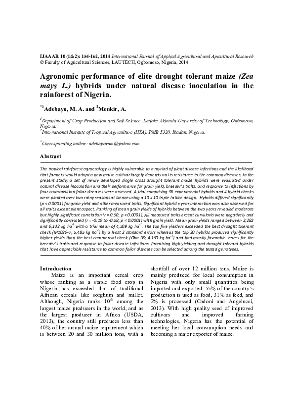 (PDF) Agronomic performance of elite drought tolerant maize ( Zea mays ...