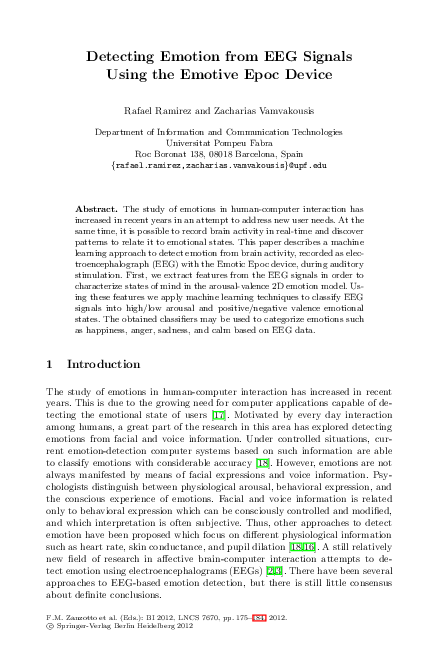(PDF) Detecting emotion from EEG signals using the Emotive Epoc device