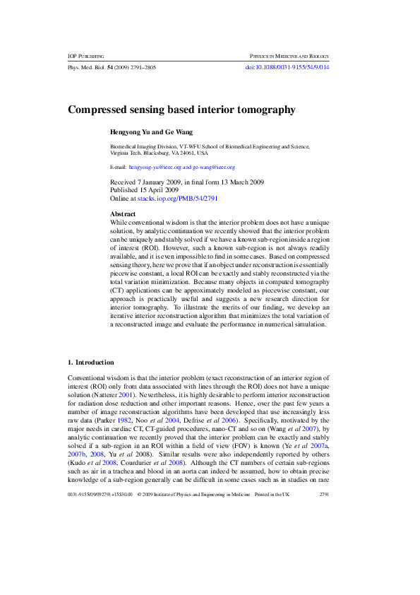 (PDF) Compressed sensing based interior tomography