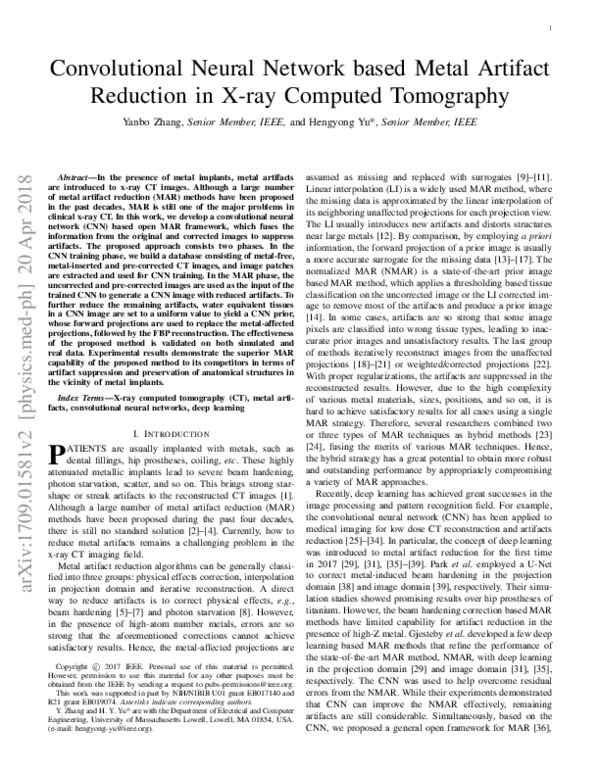 (PDF) Convolutional Neural Network Based Metal Artifact Reduction in X ...