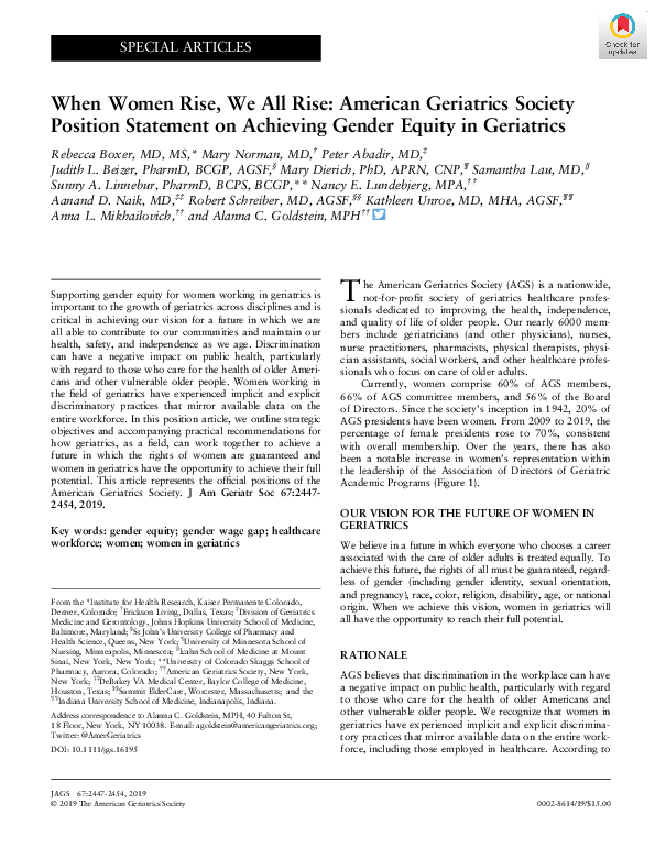 When Women Rise, We All Rise: American Geriatrics Society Position Statement on Achieving Gender Equity in Geriatrics