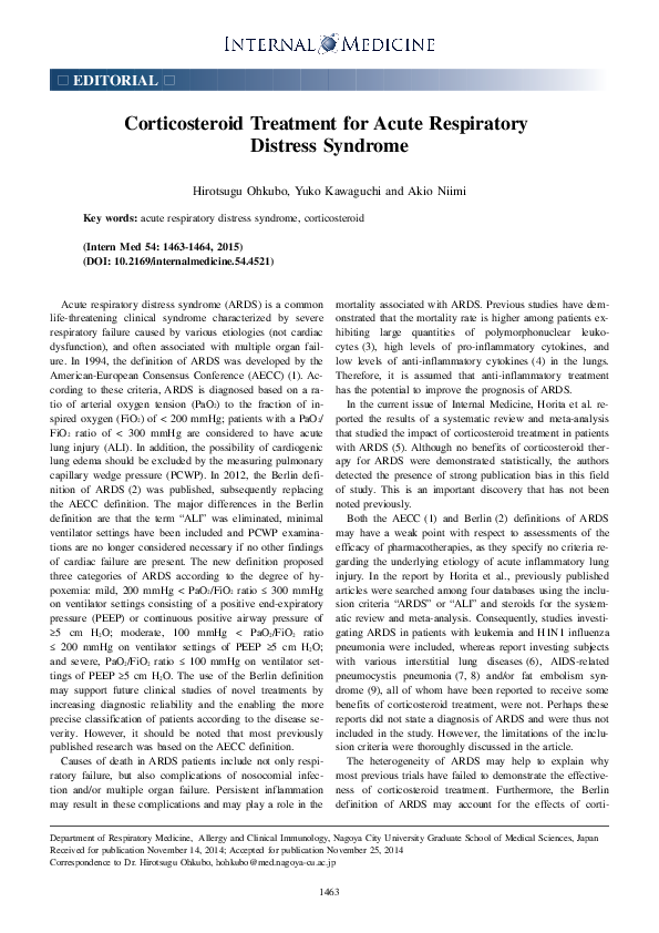 (PDF) Corticosteroid Treatment for Acute Respiratory Distress Syndrome