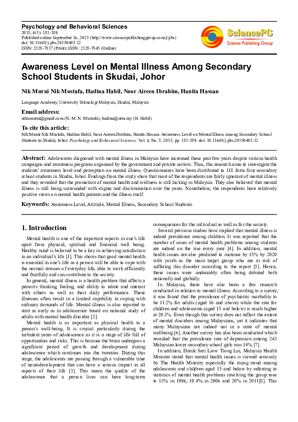 (PDF) Awareness Level on Mental Illness Among Secondary School Students ...