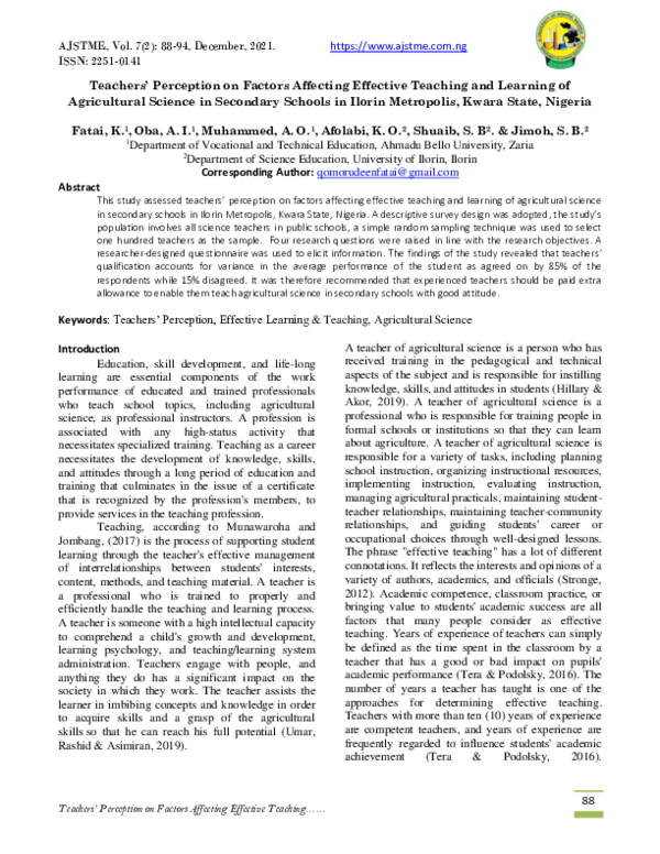 (PDF) Teachers' Perception on Factors Affecting Effective Teaching and ...