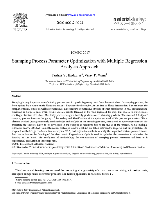 (PDF) Stamping Process Parameter Optimization with Multiple Regression ...