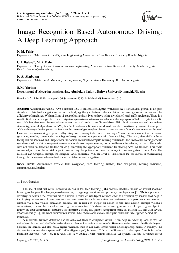 (PDF) Image Recognition Based Autonomous Driving: A Deep Learning Approach