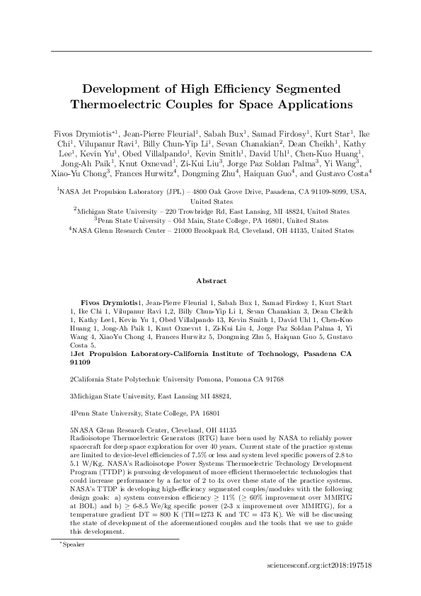 (PDF) Development of High Efficiency Segmented Thermoelectric Couples ...