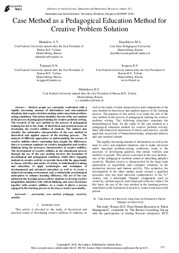 (PDF) Case Method as a Pedagogical Education Method for Creative ...