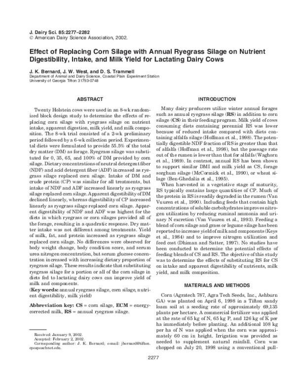 (PDF) Effect of replacing corn silage with annual ryegrass silage on ...