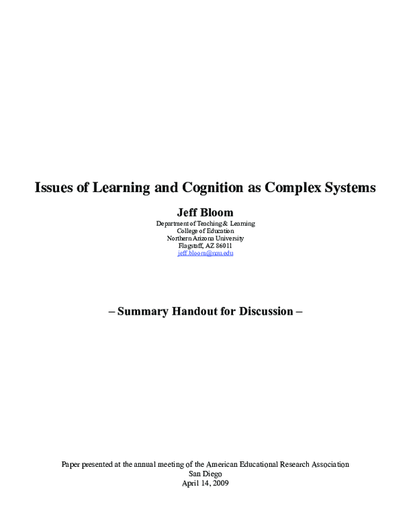 (PDF) Issues of Learning and Cognition as Complex Systems