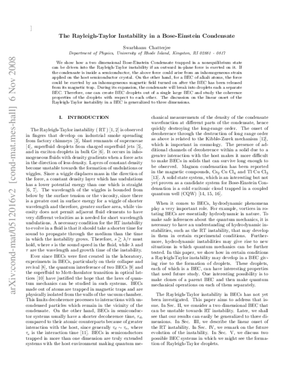 (PDF) The Rayleigh-Taylor Instability in a Bose-Einstein Condensate
