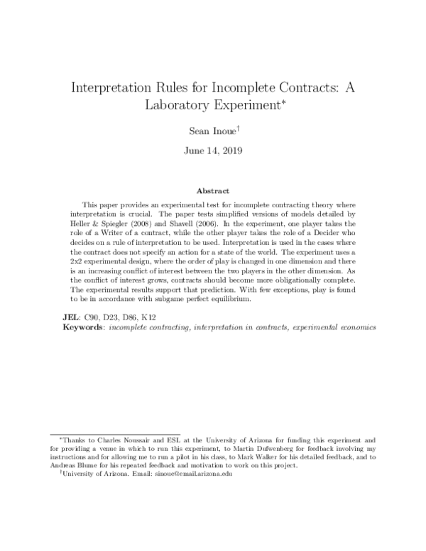 (PDF) Interpretation Rules for Incomplete Contracts: A Laboratory ...