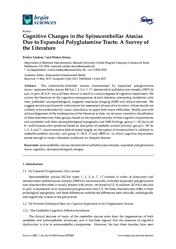 (PDF) Cognitive Changes in the Spinocerebellar Ataxias Due to Expanded ...