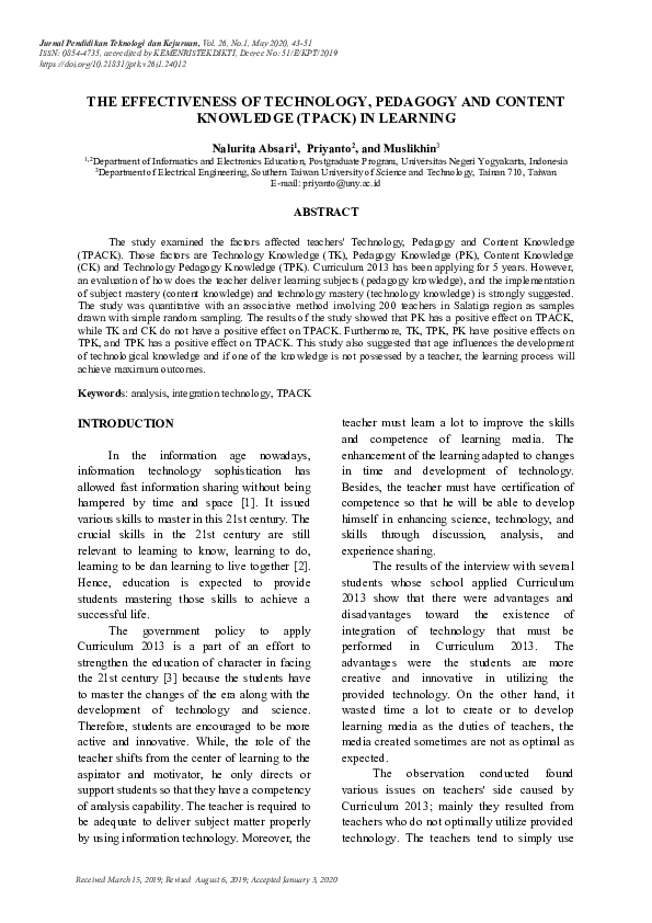 (PDF) The Effectiveness of Technology, Pedagogy and Content Knowledge ...