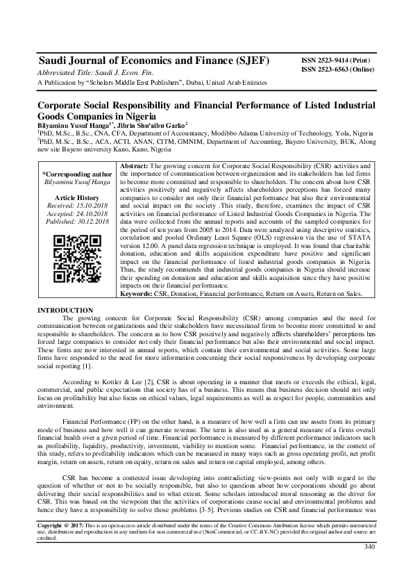 (PDF) Corporate Social Responsibility and Financial Performance of ...