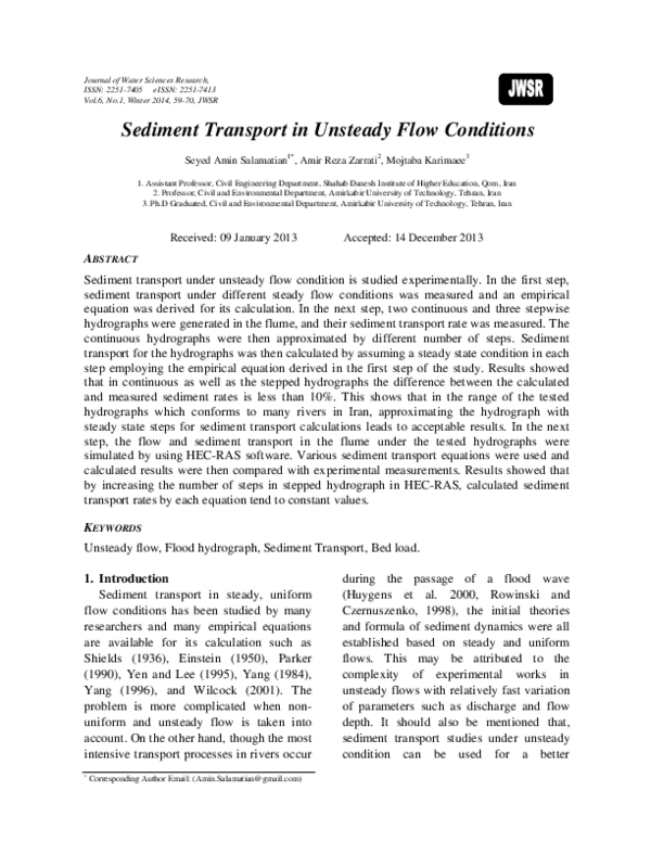 (PDF) Sediment Transport in Unsteady Flow Conditions