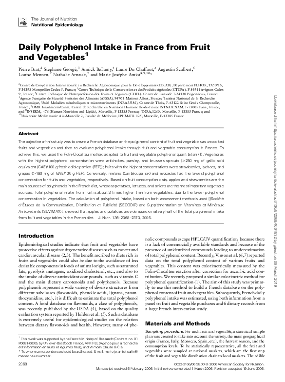 (PDF) Daily Polyphenol Intake in France from Fruit and Vegetables