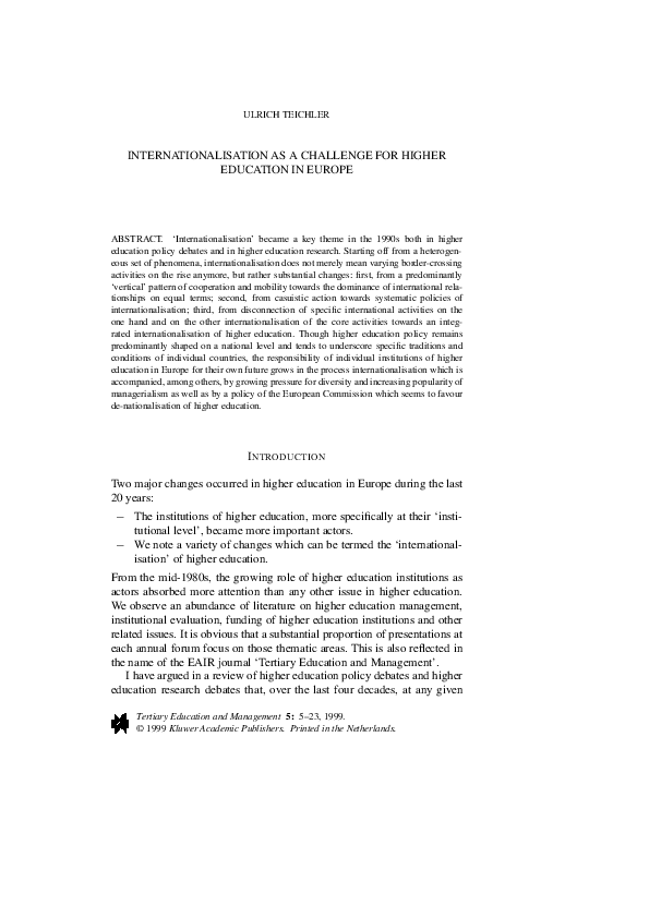 (PDF) Internationalisation as a challenge for higher education in Europe