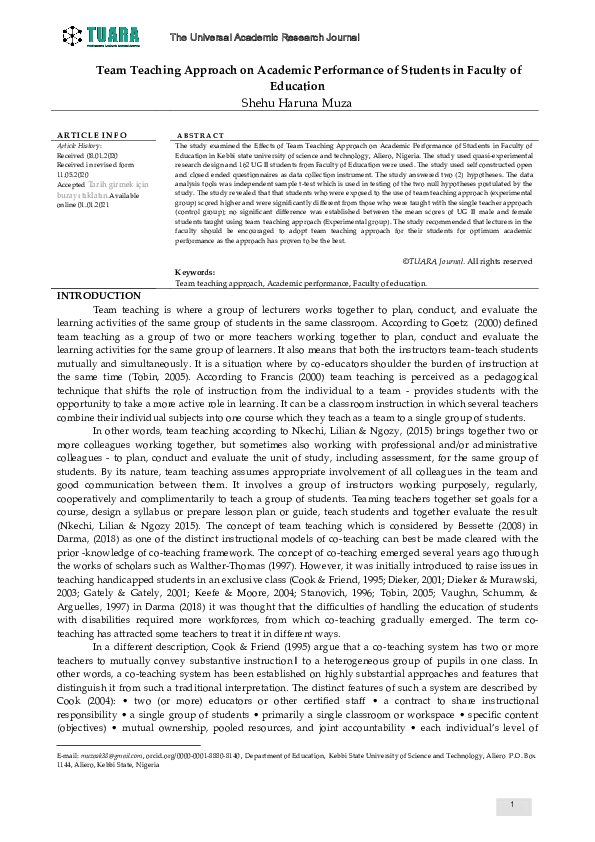 (PDF) Team Teaching Approach on Academic Performance of Students in ...