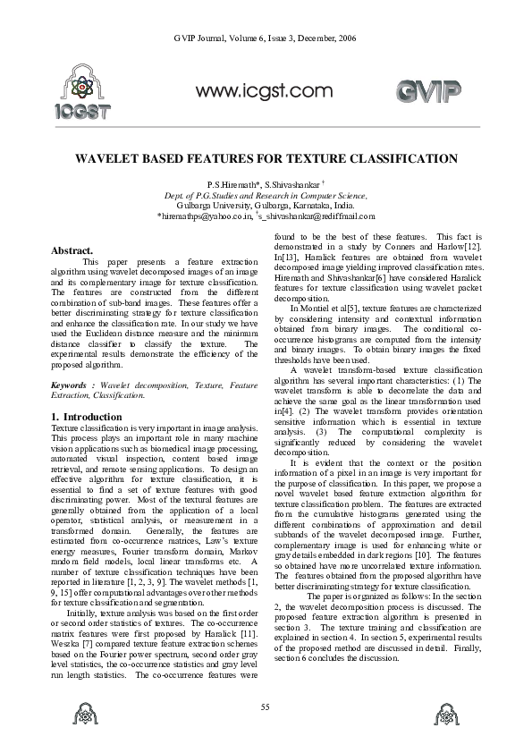 (PDF) Wavelet Based Features for Texture Classification