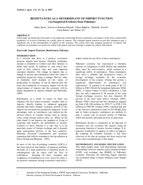 (PDF) REMITTANCES AS A DETERMINANT OF IMPORT FUNCTION ( An Empirical