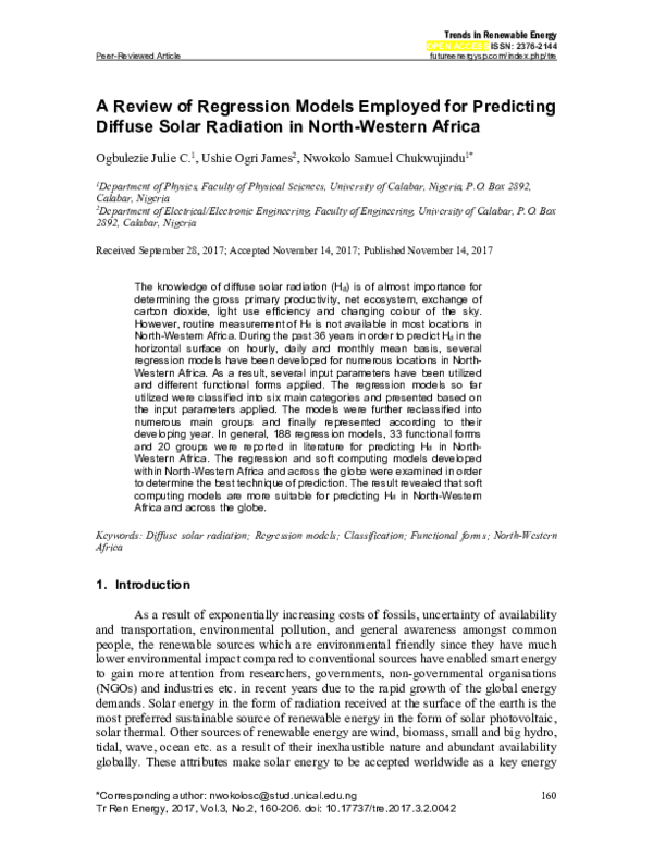 (PDF) A review of regression models employed for predicting diffuse ...