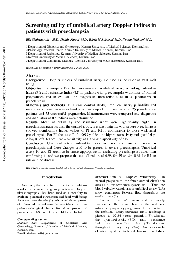 (PDF) Screening utility of umbilical artery Doppler indices in patients ...