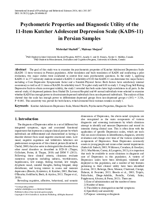 (PDF) Psychometric Properties and Diagnostic Utility of the 11-Item ...