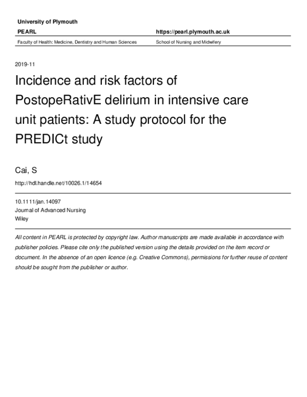 (PDF) Incidence and risk factors of PostopeRativE Delirium in Intensive ...