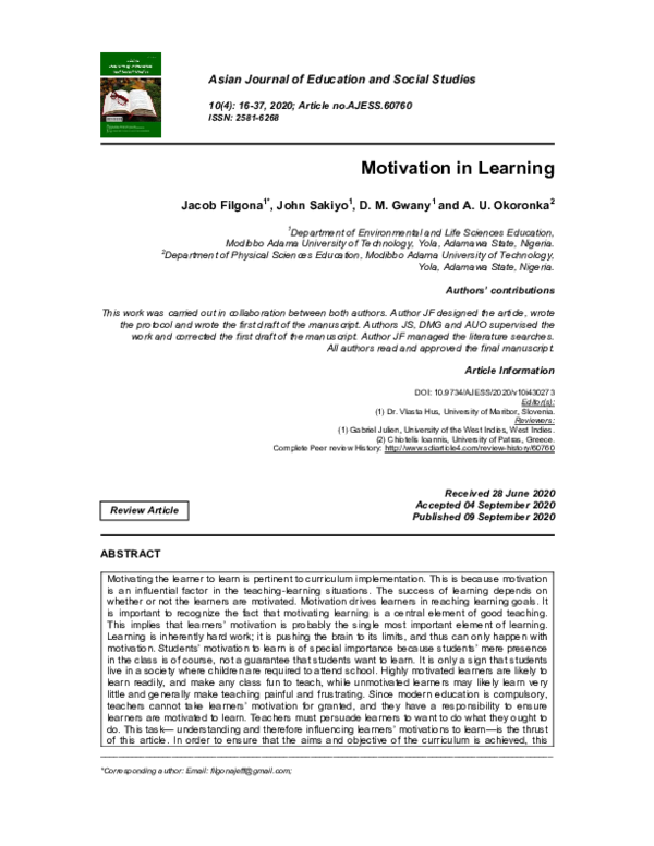 Pdf Motivation In Learning
