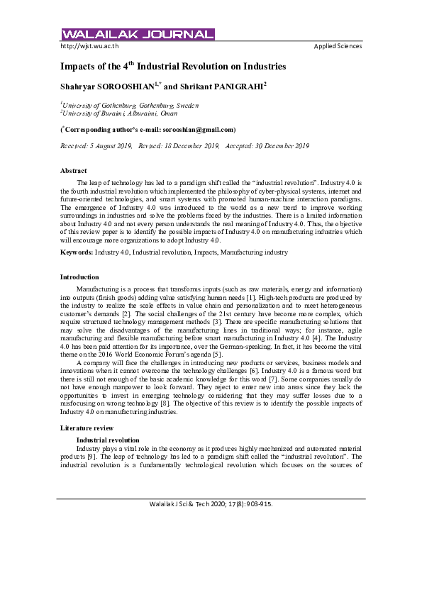 (PDF) Impacts of the 4th Industrial Revolution on Industries