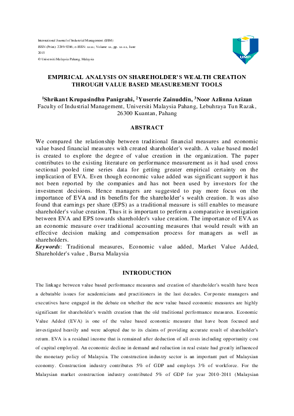 PDF) Empirical Analysis On Shareholder's Wealth Creation Through