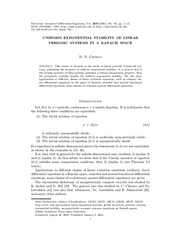 (PDF) Uniform Exponential Stability of Linear Periodic Systems in a ...