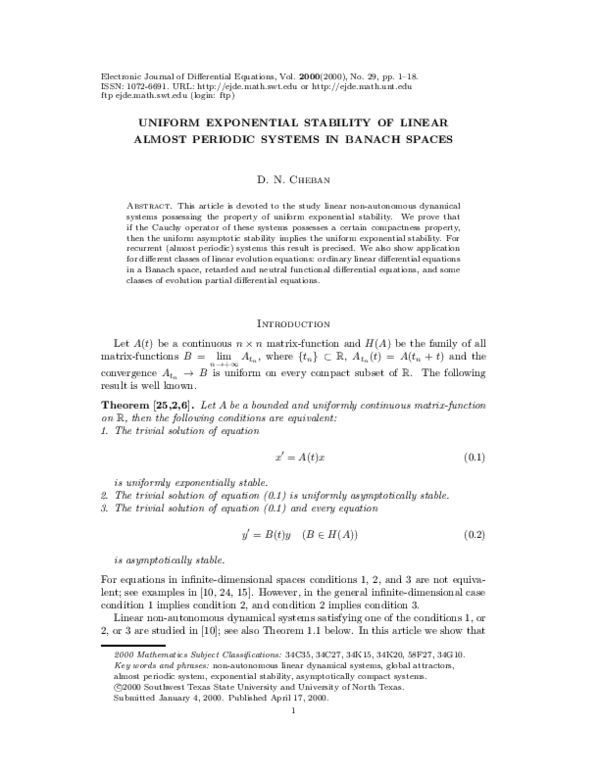 (PDF) Uniform Exponential Stability of Linear Almost Periodic Systems ...