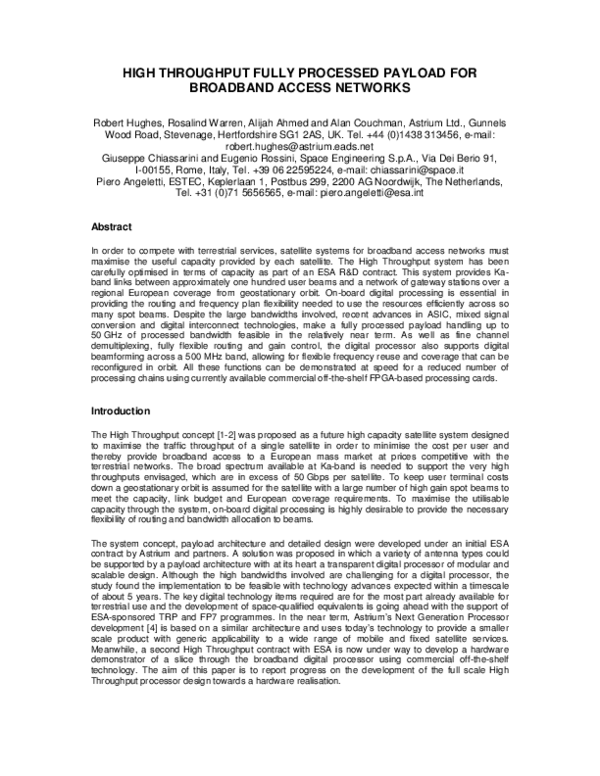 (PDF) High Throughput Fully Processed Payload for Broadband Access Networks