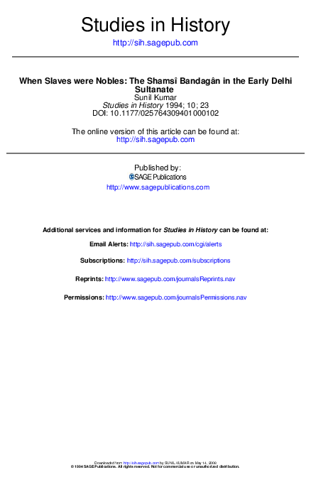 First page of ““When Slaves were nobles: The Shamsi bandagan in the early Delhi Sultanate”, ”