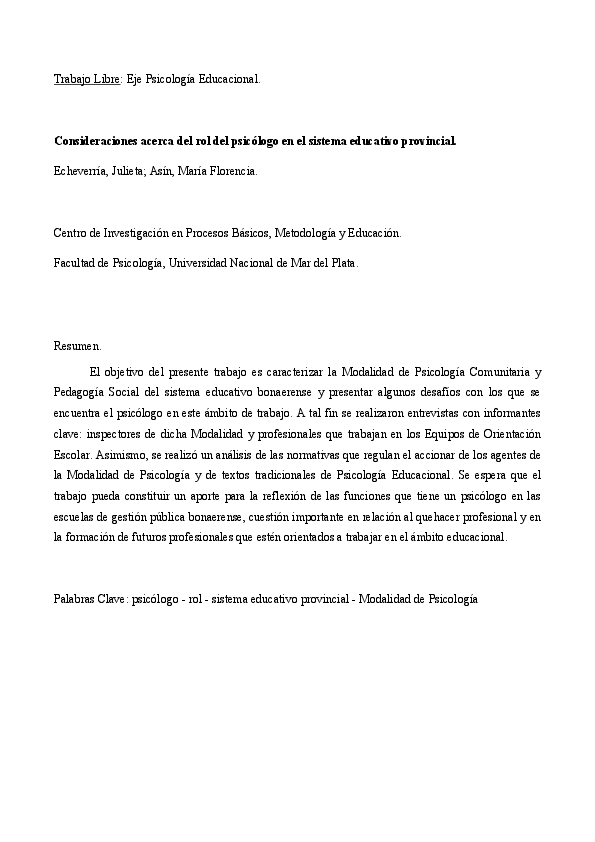 (DOC) Consideraciones acerca del rol del Psicólogo en el sistema