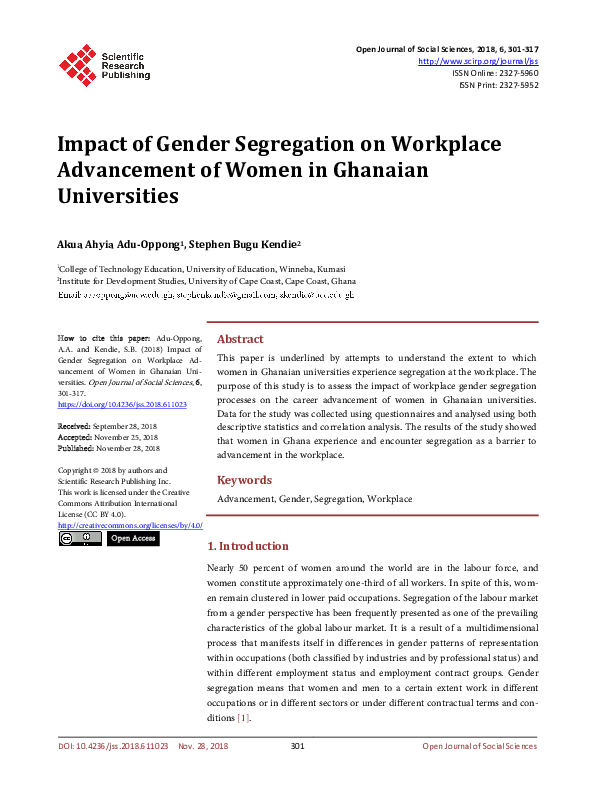 (PDF) Impact of Gender Segregation on Workplace Advancement of Women in ...