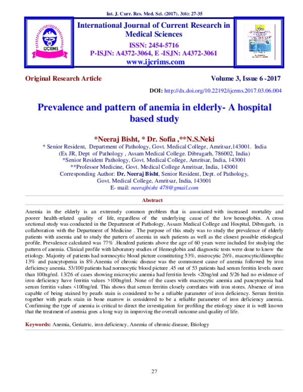 (PDF) Prevalence and pattern of anemia in elderly- A hospital based study