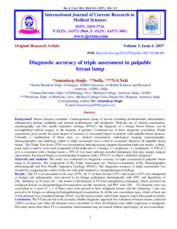 (PDF) Diagnostic accuracy of triple assessment in palpable breast lump