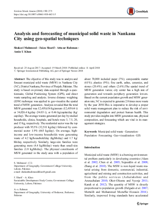 (PDF) Analysis and forecasting of municipal solid waste in Nankana City ...