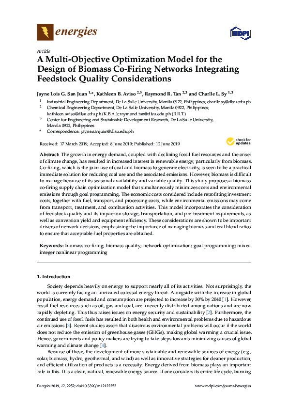 (PDF) A Multi-Objective Optimization Model for the Design of Biomass Co ...