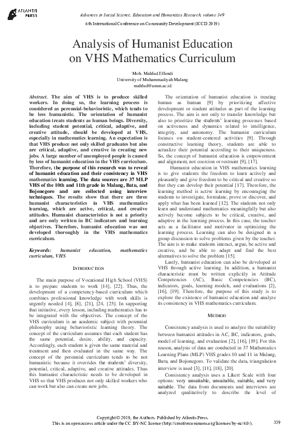 (PDF) Analysis of Humanist Education on VHS Mathematics Curriculum