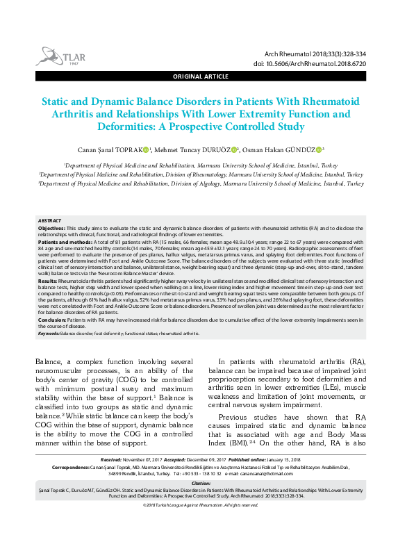 (PDF) Static and Dynamic Balance Disorders in Patients With Rheumatoid ...