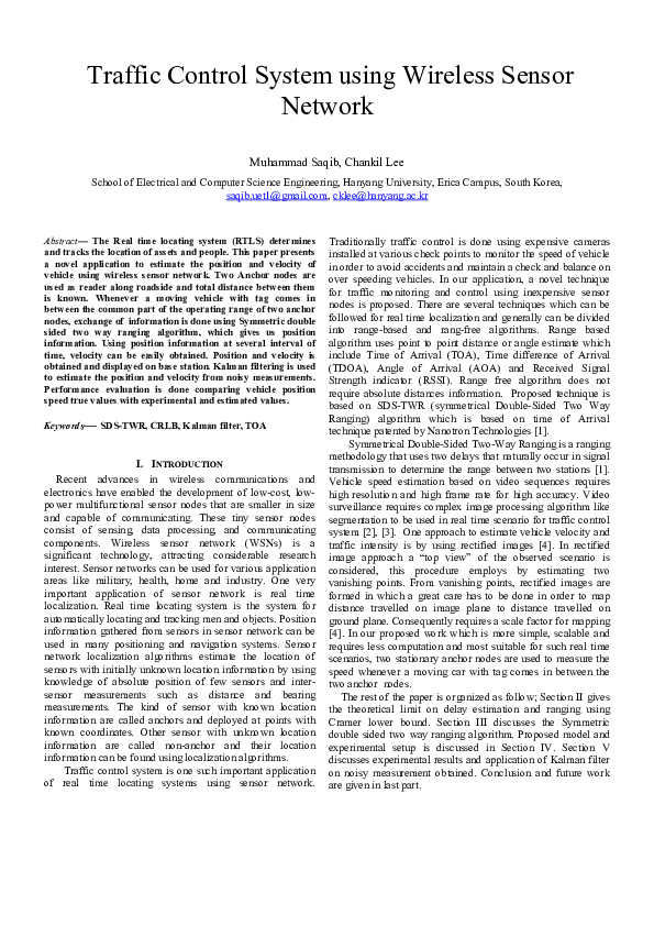 (PDF) Traffic control system using wireless sensor network