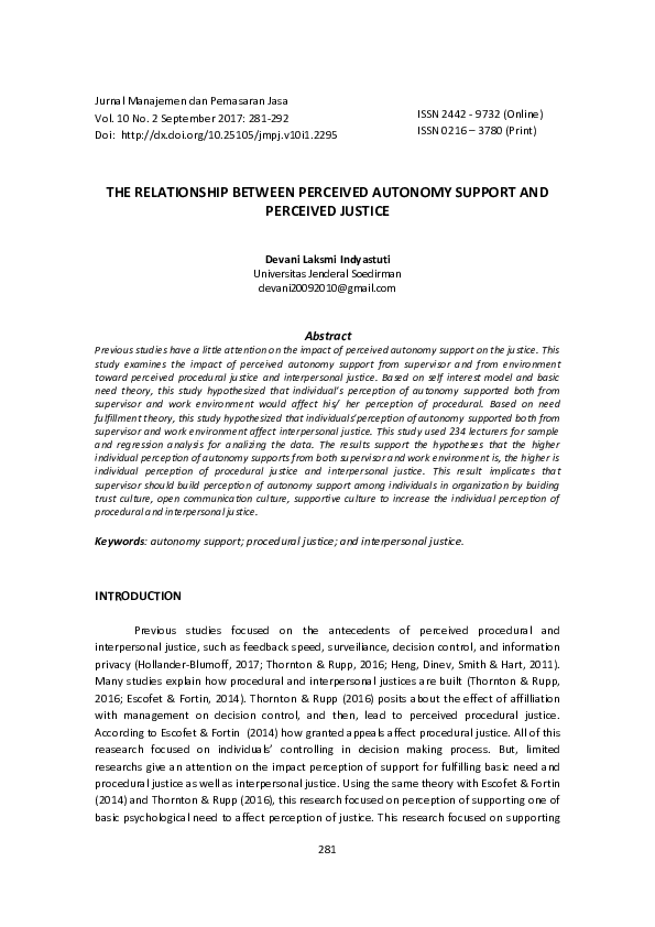 (PDF) The Relationship Between Perception of Autonomy Support and ...